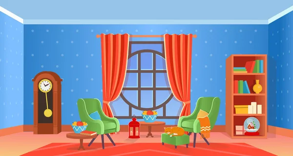 Interior Navidad Con Chimenea Árbol Navidad Ventana Sillones Estantería Escritorio — Vector de stock