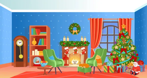 圣诞室内有壁炉 圣诞树 扶手椅 卡通矢量图解 — 图库矢量图片
