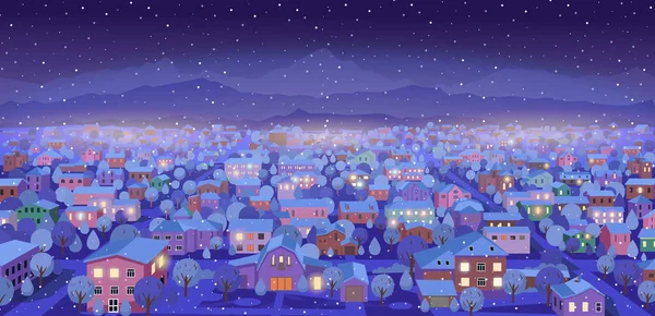 Suburban Landscape Mountains Winter Night Perspective View Roads Houses Cartoon — Vector de stock