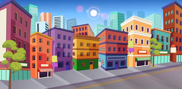 ショップや道路とパノラマ都市の建物の家 ブティック カフェ 漫画のスタイルでベクトルイラスト — ストックベクタ