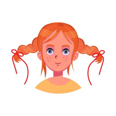 Redhead girl with pigtails on a white background.