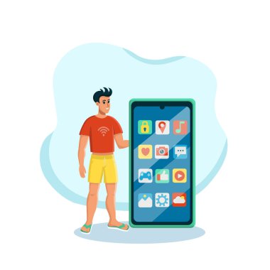 Elinde telefon ekranlı mobil uygulama simgeleriyle duran adam. Yeni teknolojiler, sosyal ağlar, mobil oyunlar, uygulamalar, haberler. Vektör illüstrasyonu. Çizgi film biçimi.