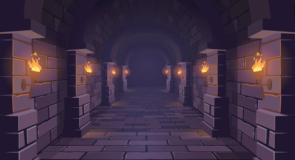  Dungeon. Long medieval castle corridor with torches. Interior of ancient Palace with stone arch. Vector illustration.