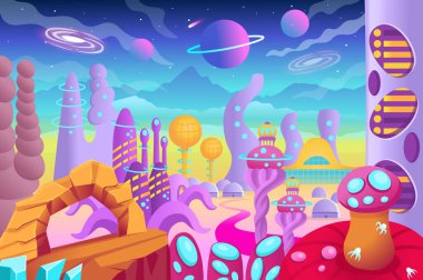 Olağandışı şekilli fütüristik binaları olan yabancı gezegen manzarası. Geleceğin şehri. Çizgi film vektör illüstrasyonu.