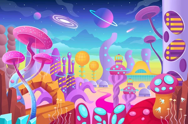 Olağandışı şekilli fütüristik binaları olan yabancı gezegen manzarası. Geleceğin şehri. Çizgi film vektör illüstrasyonu.