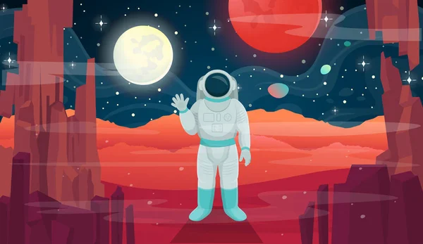 宇宙飛行士と火星表面の風景 エイリアン惑星 ゲームやモバイルアプリケーションの背景 — ストックベクタ