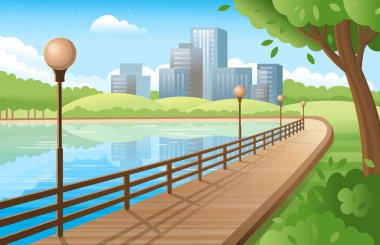 Şehir parkı, nehir kenarındaki yol ve şehir binaları, sokak ışıkları. Nehir kenarındaki tırabzan..