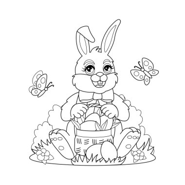 Paskalya tavşanının rengi yumurta sepetinin yanında. Beyaz arka planda izole edilmiş kırmızı papağanlı pembe çizgi film tavşanı. Çocuklar için şirin bir tavşan.