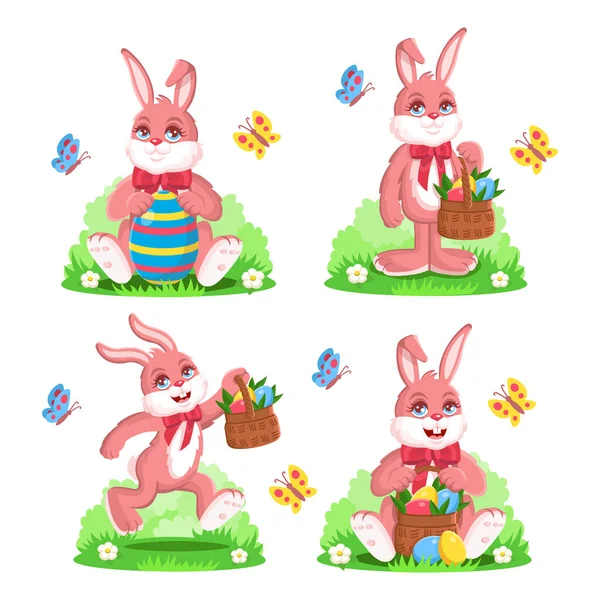 Set Easter Bunnies Pink Cartoon Bunnies Red Bow Isolated White — Stock Vector