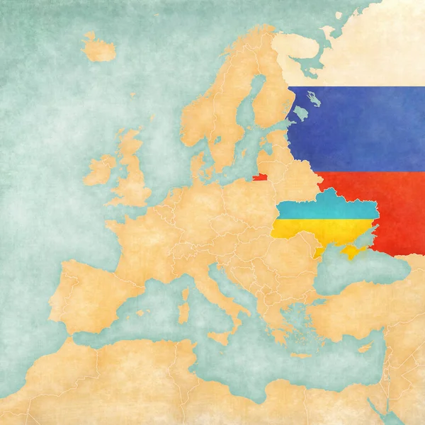 Ukraine Und Russland Auf Der Europakarte Soft Grunge Und Vintage — Stockfoto