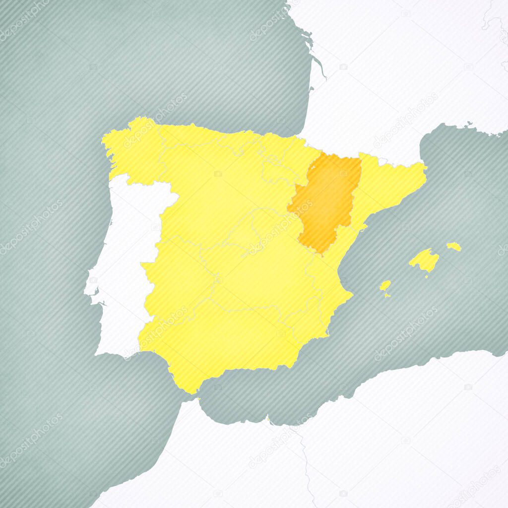 Aragon on the map of Spain with softly striped vintage background. 