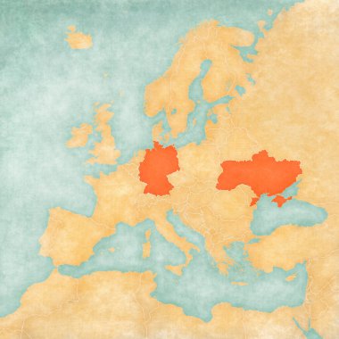Ukrayna ve Almanya Avrupa haritasında suluboya resimli eski kağıt gibi yumuşak grunge ve vintage tarzında. 