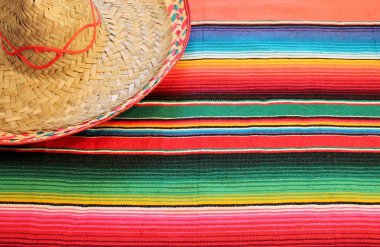 Mexican fiesta poncho background cinco de mayo rug in bright colors with sombrero with copy space mexicano stock, photo, photograph, image, picture, clipart
