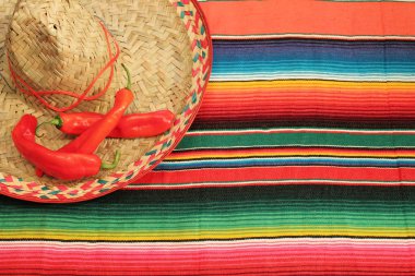 Sombrero stok, fotoğraf, fotoğraf, resim, resim ile parlak renklerde Meksika fiesta poncho halı,