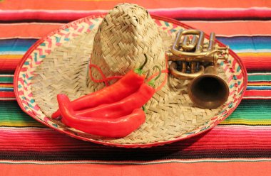 Meksika fiesta panço hırka halı battaniye sombrero biber trompet arka plan boşluk