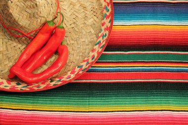 Sombrero Meksika biber stok, fotoğraf, fotoğraf, resim, resim ile parlak renklerde Meksika fiesta panço halı,