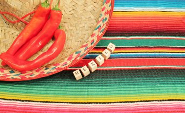 Sombrero stok, fotoğraf, fotoğraf, resim, resim ile parlak renklerde Meksika fiesta poncho Meksika battaniye,