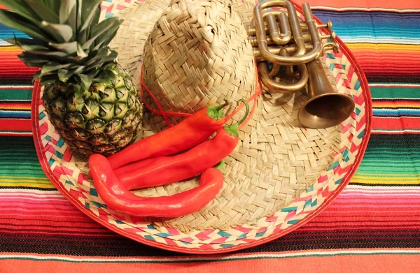 Mexico Fiesta poncho Serape matta filt sombrero Chilli trumpet bakgrund kopiera-utrymme lager, Foto, Fotografi, bild, bild, Royaltyfria Stockfoton