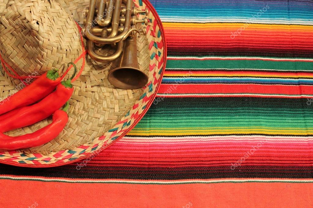 Mexico fiesta poncho serape rug blanket sombrero chilli trumpet