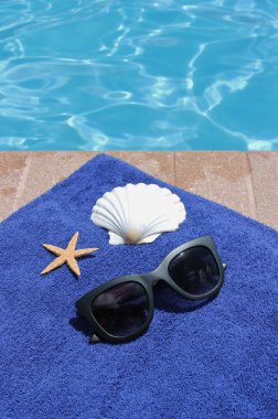 havuz kenarında tatil tatil doğal yüzme havuzu yaz güneş gözlüğü havlu denizyıldızı deniz hayvanı kabuğu