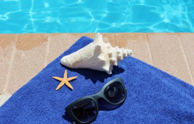 havuz kenarında tatil tatil doğal yüzme havuzu yaz güneş gözlüğü havlu denizyıldızı deniz hayvanı kabuğu