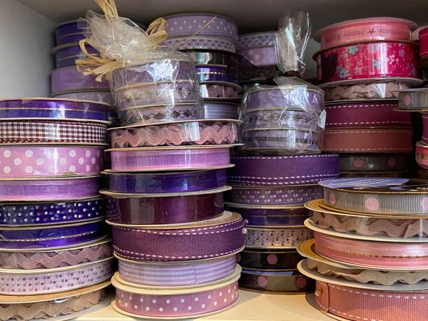 Purple Pink Polka Dot Ribbons Rolls Display Haberdashery Sewing Shop — Stock Photo, Image