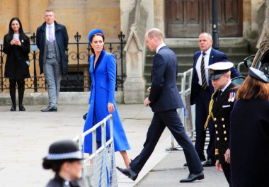 Londra, İngiltere - 03.14.2022: Cambridge Kate Catherine Middleton Düşesi ve Cambridge Prensi William Duke Westminster Abbey, Londra 'daki Commonwealth gününe geldiler. 