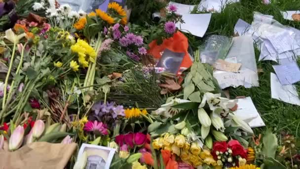 2022年9月15日 伊丽莎白女王去世 数千人在绿园和白金汉宫留下鲜花和卡片 — 图库视频影像