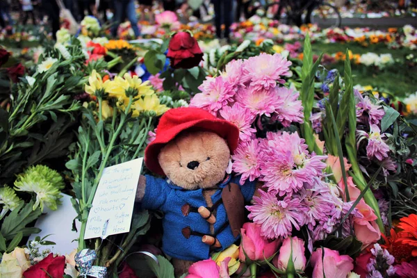London, England UK - September 10 2022: Tributes, cards, messages, flowers and gifts left for Her Majesty Queen Elizabeth II in Green Park and around Buckingham Palace following her 70 year reign.