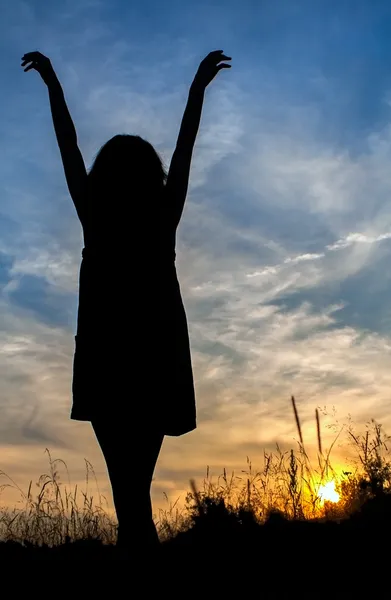 Silueta de chica relajándose en el campo — Foto de Stock