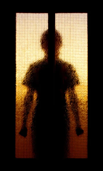 Silhouette of man standing behind glass door — Stock Photo, Image