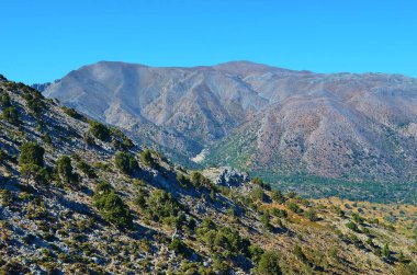 Omalos 'taki Beyaz Dağlar manzarası. Girit Adası, Yunanistan