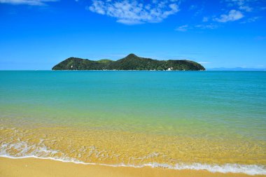 The beautiful Adele Island. View from a sandy beach. New Zealand, South Island, Abel Tasman National Park.