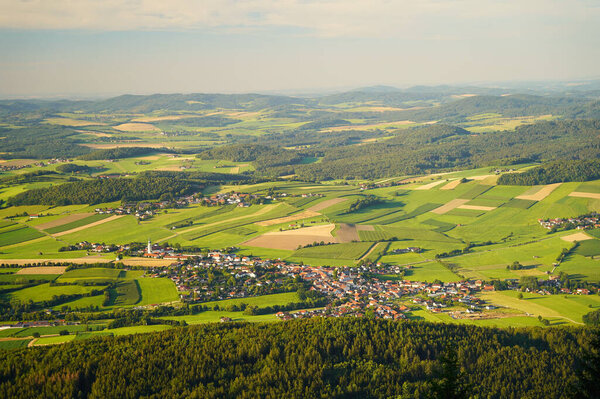 View from mount Hoher Bogen to Neukirchen beim Heiligen Blut, a small town in the Bavarian Forest. Lamer Winkel, district of Cham, Upper Palatinate, Bavaria, Germany.