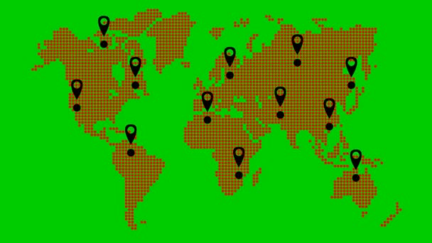 ブラック デスティネーション マーカー付きの世界地図 ビジネスコンセプト ループビデオだ 緑の背景の点パターンからの赤い地図 — ストック動画