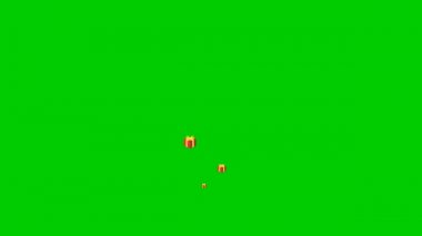 Canlandırılmış kırmızı hediyeler tepeden tırnağa uçar. Hediye kavramı, bonus. Yeşil arka planda izole edilmiş hediyelerden kaynaklanan kaynak.