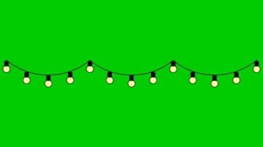Parlayan ampullerden hareketli çelenkler. Döngülü video. Vektör illüstrasyonu yeşil arkaplanda izole edildi. 