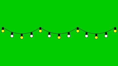 Parlayan ampullerden hareketli çelenkler. Döngülü video. Vektör illüstrasyonu yeşil arkaplanda izole edildi. 