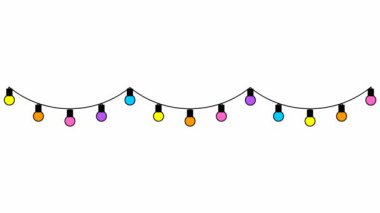 Parlayan ampullerin rengarenk çelenkleri. Döngülü video. Beyaz arkaplanda izole edilmiş vektör illüstrasyonu. 