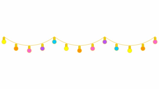 Animated Gold Garland Glowing Multicolored Light Bulbs Looped Video Vector — Stock Video