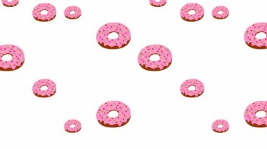 Donutlarla canlandırılmış arka plan. Döngülü video. Beyaz arkaplanda çörekler ile izole düşüş.