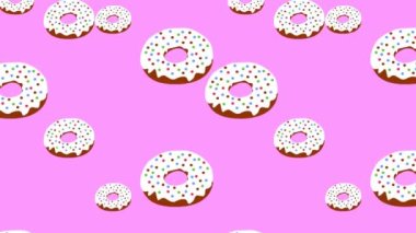 Donutlarla canlandırılmış arka plan. Döngülü video. Pembe arka planda çöreklerle ıssız bir düşüş..
