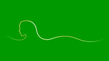 Saç dalgalı kadın silueti. Altın kurdeleli güzel bir kız kafası. Döngülü video. Güzellik anlayışı. Yeşil arkaplanda izole edilmiş vektör doğrusal illüstrasyon.