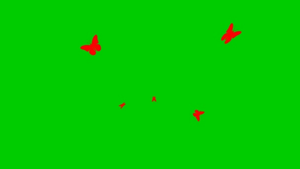 Animasyon Kırmızı Kelebekler Merkezden Uçar Vektör Illüstrasyonu Yeşil Arkaplanda Izole — Stok video
