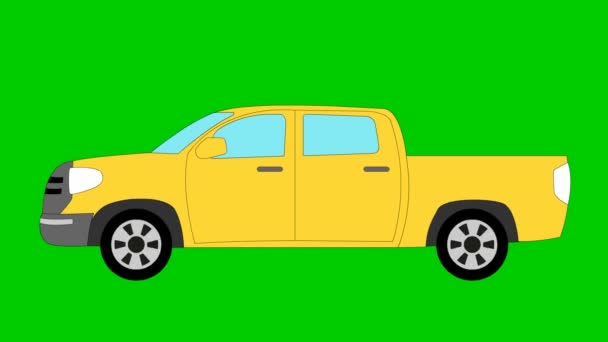 Animated Yellow Car Pickup Truck Rides Looped Video Bright Flat — Stock Video