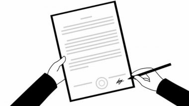 Animasyon sözleşmesi imzası. Adamın eli kalemle bir belge imzalıyor. Anlaşma, anlaşma, sözleşme, başvuru, imza. Döngülü video. Vektör illüstrasyonu beyaz arkaplanda izole edildi.