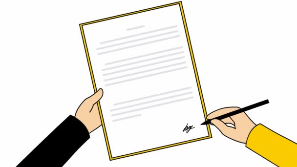 アニメ契約締結 男の手はペンで文書に署名する アプリケーション 署名の概念 ループビデオだ 緑の背景に独立したベクトル図 — ストック動画