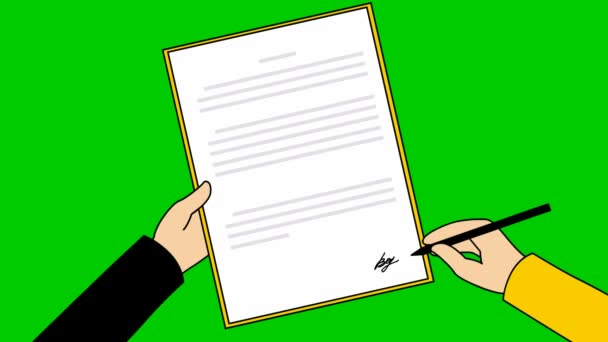 Geanimeerde Contract Ondertekening Hand Van Man Tekent Een Document Met — Stockvideo