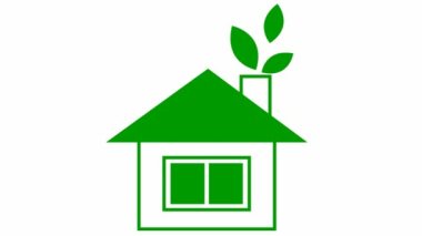 Düz ekoloji ikonu. Baca yapraklı yeşil bir ev. Yenilenebilir enerji kavramı, yeşil teknoloji, ekoloji, yeşil enerji. Vektör illüstrasyonu beyaz arkaplanda izole edildi.