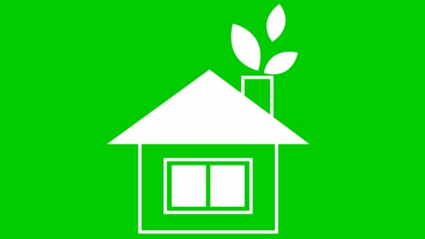 Icono Ecología Plana Casa Blanca Con Hojas Chimenea Concepto Energía — Vídeos de Stock